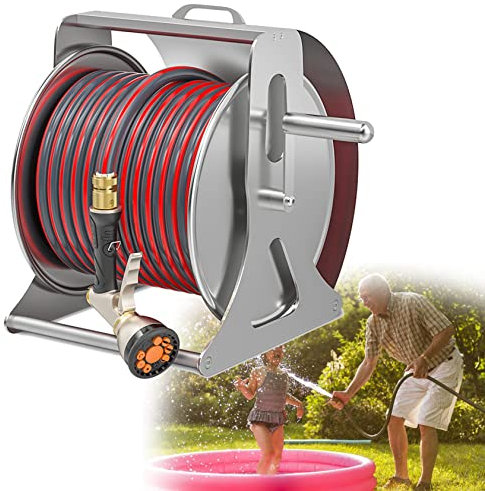 YEHOZZ Edelstahl-gartenschlauchaufroller, Abnehmbarer Oder an Der Wand/Am Boden Montierter, Einziehbarer Gartenschlauch-aufbewahrungshalter, Für Außenbereich, Garten, Rasen,Rack+35mHose