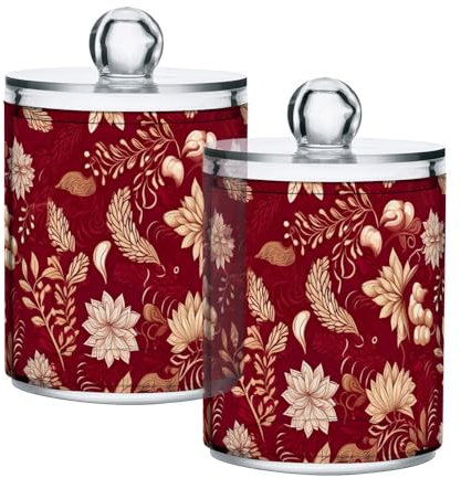 CHIFIGNO Juego de 2 dispensadores de flores vintage rojas, tarros de boticario, organizador de tocador de baño para almohadillas de algodón, bola de algodón, hisopos de algodón, púas de hilo dental de