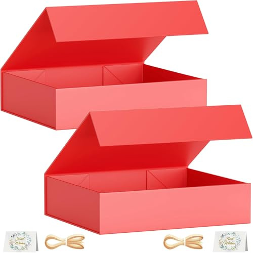 2 Pack Geschenkbox, 30x20x7,6 cm Geschenkboxen für Presents with Lids Magnetic Closure Rectangle Collapsible for Groomsman Proposal Box, Christmas, Halloween, Birthday Gift Packging (Rot)