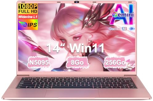 Ordinateur Portable 14 Pouces Celeron N5095 Win11 Pro 8Go RAM 256Go SSD Extension1To 5G WiFi 1920x1080 FHD PC Portable avec Souris sans Fil qwerty Clavier avec AZERTY Membrane du Clavie - Doré Métal18