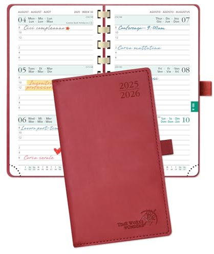 POPRUN Taschenkalender 2025 2026 Klein 16,5 x 9 cm (Aug.2025-Dez.2026) - Kalender 2025 2026 Klein Ringbuch mit Softcover - Terminplaner, Planer 1 Woche 2 Seite mit Kartenschlitz - Burgunderrot