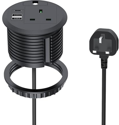 Desk Power Socket with USB C PD20W,BQO Desk Grommet Power Socket 80mm with 1 UK Plug, Recessed Extension Lead with 2 USB Ports, 2m/6.6 FT Cable for Office Home Furniture, Black