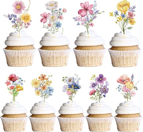 Fleur Decoration Gateau Cake Topper 18 Pièces Cupcake Decoration Gateau Anniversaire Fille Deco Gateau Décoration de Gâteau pour Fêtes de Fleurs Sauvages, Fêtes de Jardin, Fêtes de Femmes