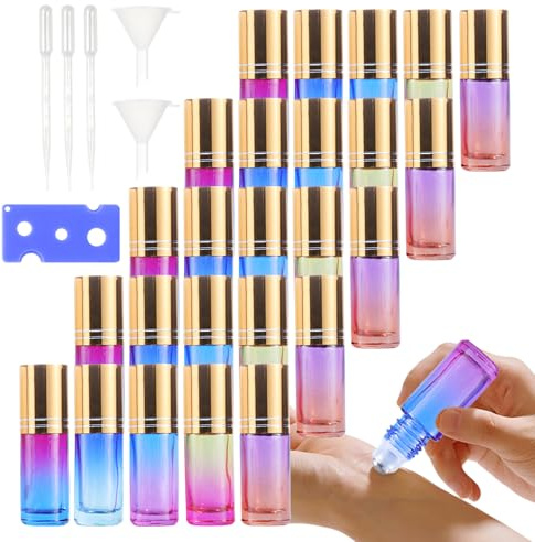 PRITOK Roll On Lot de 25 bouteilles en verre multicolore de 5 ml pour huile essentielle avec boules et accessoires en acier inoxydable