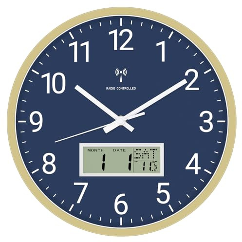 Foxtop Analog digital trådlös väggklocka, 30 cm, med LCD-skärm, digital radioklocka, väggklocka med temperatur, datum, veckodag, tyst, för vardagsrum, kök, badrum