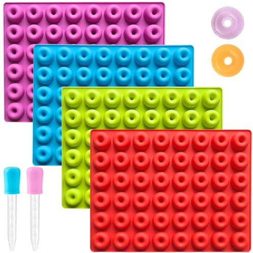 YXHZVON Mini Donuts Bonbon Formen Silikon, 4 Stück Gummibärchen Form mit 2 Tropfen, Silikonform Pralinenform für Schokoladenformen, Gelee, Gummibärchen-Seifenformen