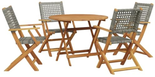 vidaXL Garten Essgruppe 5-TLG., Gartenmöbel Set Tisch 4 Stühle, Gartengarnitur Klappbar, Sitzgruppe für Terrasse Garten, Grau Poly Rattan Massivholz