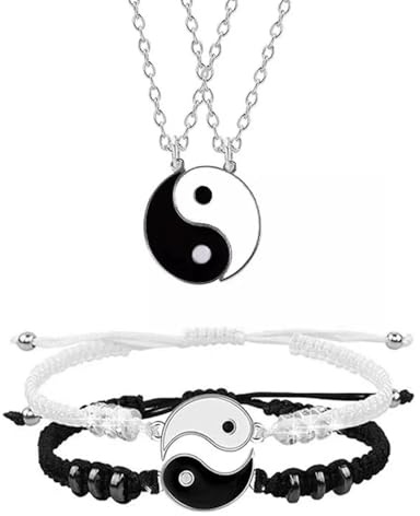 TPZORJX Collares de Mejores Amigos Pulseras,4 pcs Collares y pulseras, Trenzadas de Yin Yang Pulseras,Yin Yang Pulsera de Cordón Ajustable para Bff Relación de Amistad Novio Novia Regalo