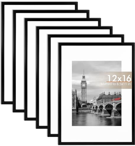 Fixwal 12x16 Picture Frame Set of 6 with Plastic Cover, PVC, Black | Shatter-Resistant Acrylic (Not Glass), Thin Woodgrain Border, Lightweight Frames with Non-Marking Nails