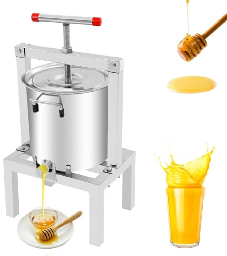 Pressoir à miel manuel, presse à vin de fruits 10 L avec passoire en acier inoxydable, presse à cidre professionnelle avec 2 poignées en T, anti-éclaboussures, pour presser soi-même son miel de fruits