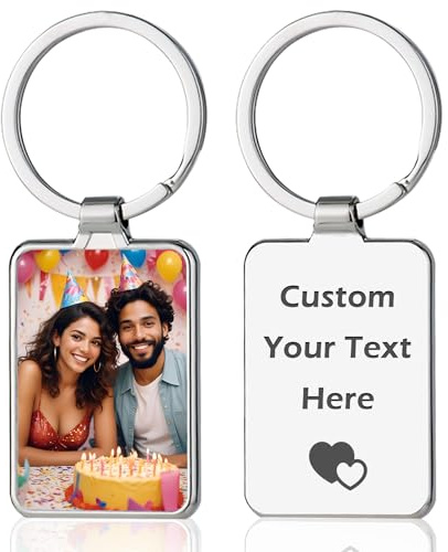 Porte-Clé Personnalisable avec Photo - Porte-Clés Personnalisé Double Face Gravé - Porte Clef Photo Personnalisable en Acier Inoxydable - Cadeau pour Femme, Homme, Famille et Amis (style 2)