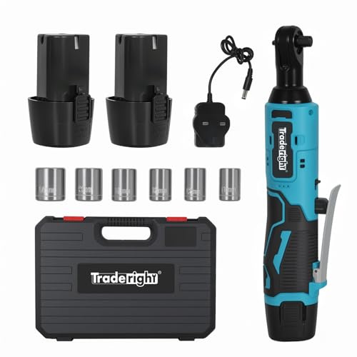 Traderight 12V Cordless Electric Ratchet Wrench, 3/8 Drive, 42Nm Max Torque, Variable Speed 0–300RPM, LED Work Light, Forward/Reverse Safety Lock, 2×1500mAh Batteries & 6 Sockets – Car, DIY & Home Re