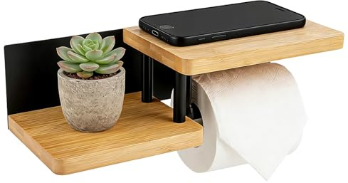 Toilettenpapierhalter mit Ablage Holz, Klorollenhalter ohne Bohren, aus Stahl & Bambus, Selbstklebend oder zum Bohren, Klopapierhalter für Badezimmer Küche Toilette, Naturholzfarbe