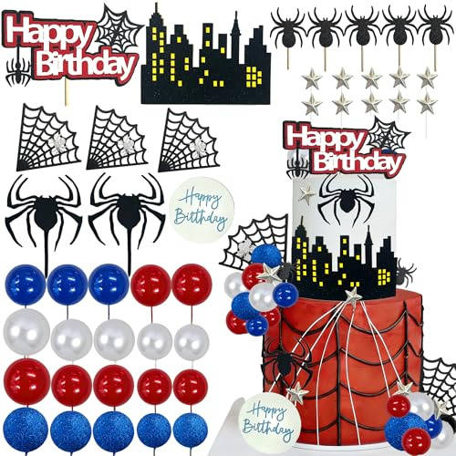 Tyotrbs Superhero Birthday Cake Decoration Superhero Party Favors Cupcake Decor Spider Cake Decoration Spider Birthday Party (Silver)