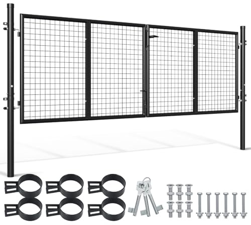 Trädgårdsgrindmetall, dubbelbladig trädgårdsdörr, 300 x 100 cm, runda rör, robust, för uppfart/kommersiell, för dubbla stavar (antracit).