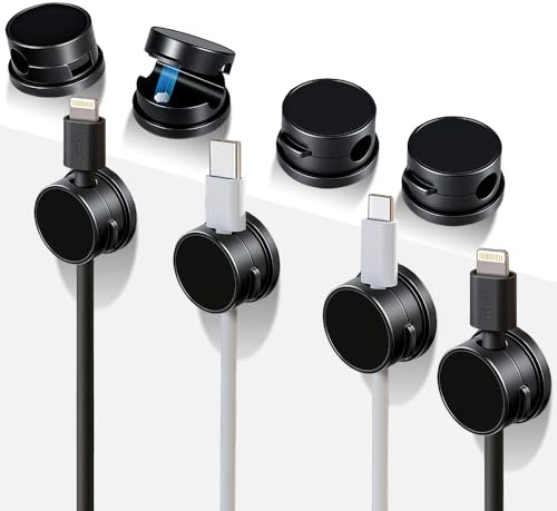 8 Pcs Cable Clips, Black, 360° Rotatable Adhesive Cord Organiser | Desk Wire Management, Spring Cable Holder, For Phone Charger, USB Cables, For Nightstand, Office, Car, Wall and Home