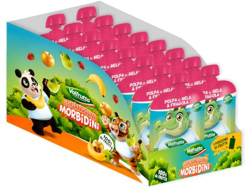 Valfrutta Triangolini Morbidini Mela e Fragola, Polpa di Frutta in Pouch, Merenda alla Frutta 100%, Formato Scorta Box 16x90 g