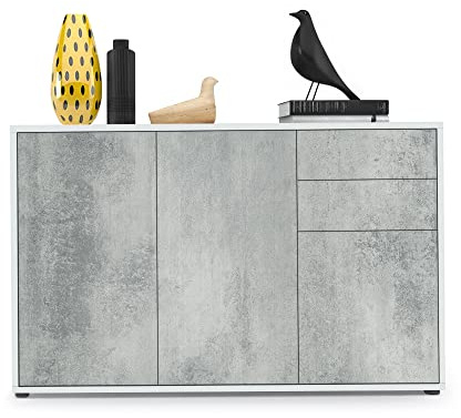 Vladon Sideboard Ben V3, Kommode mit 3 Türen und 2 Schubladen, Weiß matt/Beton Oxid-Optik (117 x 74 x 36 cm)