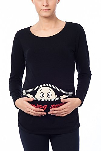 M.M.C. Coming Soon - vêtement de maternité Mignon et Rigolo | T-Shirt de maternité avec Motif pour la Grossesse | T-Shirt de Grossesse - à Manches Longues (Noir, Medium)