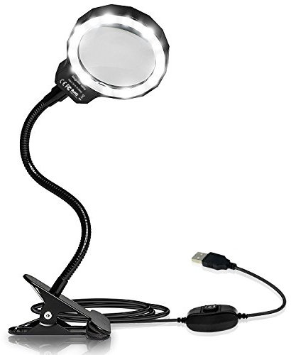 Magnifying Glass, LED 3X Magnifying Lamp USB Powered Clip On Optical Glass Magnifier Lens with 2 Adjustable Light Settings & Metal Clamp