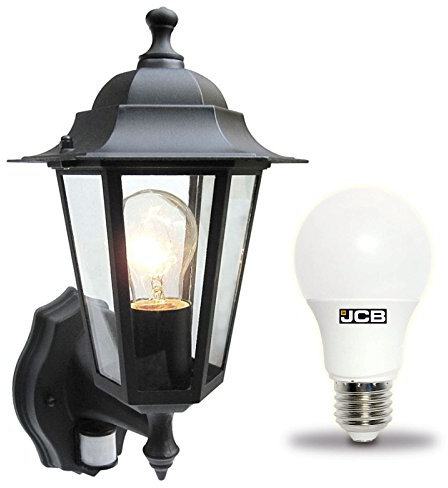 Dependable Trading Traditional 6 Sided Garden/Porch Outdoor Coach Wall Lantern IP44 (Black 6 Sided + Motion Sensor + LED)