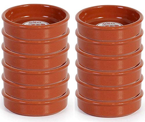 Pack de 12 cazuelas redondas de barro, diámetro exterior 15 cm, diámetro interior 13.3 cm, aptas para vitro y horno