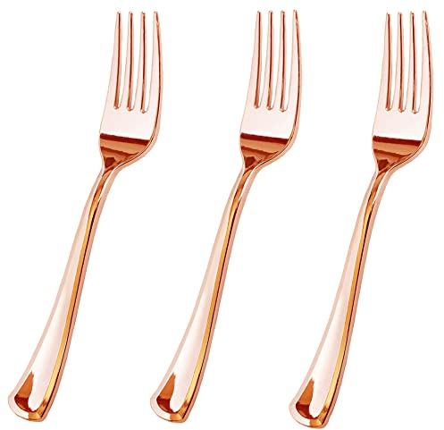100 Piece Rose Gold Plastic Forks Set - Reusable & Recyclable - Rose Gold Plastic Forks for Weddings, Anniversaries, Showers, Parties - Elegant and Sturdy Utensils by JL Prime