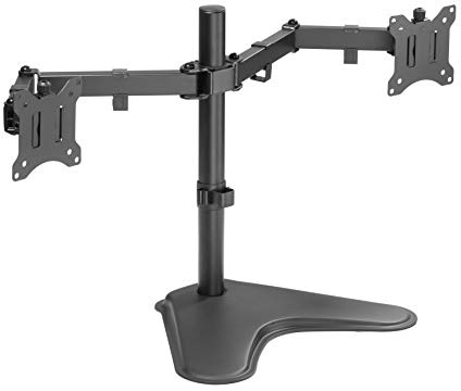 AMER Dual Monitor Stand for 13-32 Screens, Freestanding Base, Dual Monitor Arm, Tilt ±45°, Swivel 180°, Rotation 360°, Supports 18 lbs, VESA 75x75mm & 100x100mm, Black