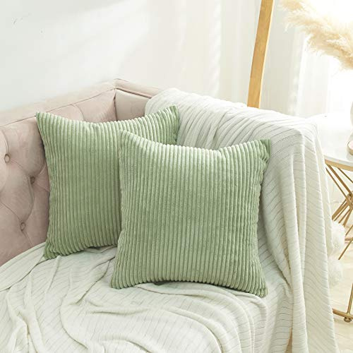 Volcanics Corduroy Cushion Covers Pack of 2 Decorative Square Throw Pillow Covers Cushion Soft Pillowcase 45 x 45cm（18 x 18 Inches） for Home decor Sofa Couch Bedroom, Light Green