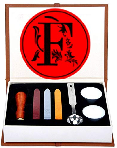 Buchstaben-Wachs-Siegel-Stempel-Set, ANBOSE Alphabet Wachs-Siegel-Stempel-Kit einschließlich 1Pcs Holzgriff Kupfer-Siegel, 3Pcs Wachs-Siegel-Sticks, 1Pcs Schmelzlöffel und 2Pcs weiße Kerzen（F)