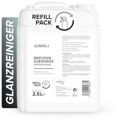 JUNALI Oberflächen Glanzreiniger, Pflege für Hochglanz Küchen, antistatisch mit Perl Effekt, Sprühversiegelung für Naturstein, Chrom, Glas, Kunststoff, lackierte Holzmöbel (2,5 L)