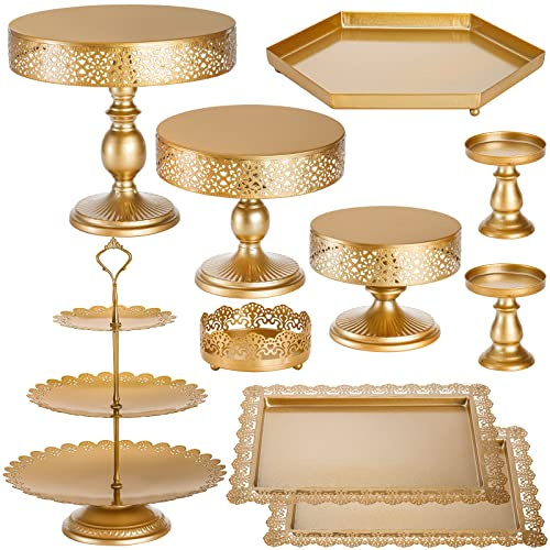 Peohud 10 Pieces Gold Cake Stand, Metal Round Cupcake Tower, Decorative Dessert Fruit Candy Display Plate for Wedding, Anniversary, Birthday Party, Celebration, Outdoor