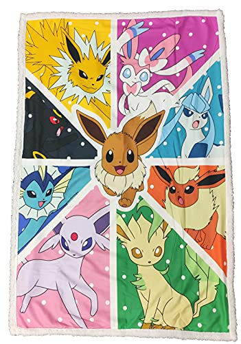Hômadict Pokemon Plaid Sherpa EVOLI Evolutions – Couverture Plaid Super Douce – Motif : Evolutions d'Evoli – Cadeau Pour Fan et Passionné – Qualité Supérieure – Dimensions 100 cm x 150 cm