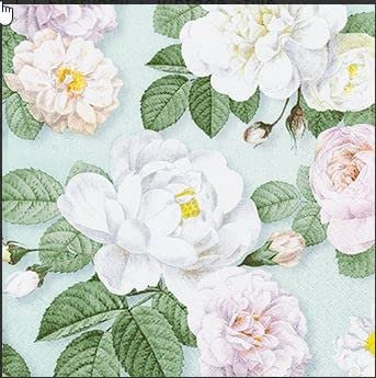 20 Servietten weiße Rosen auf mint | Blumen | Tischdeko 33x33cm