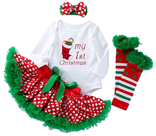 4 Stück Baby-Strampler für Neugeborene Mädchen Weihnachtsoutfit Tutu-Kleid mit Stirnband Buchstabe Beinwärmer rote Schuhe Set für 0~24 Monate
