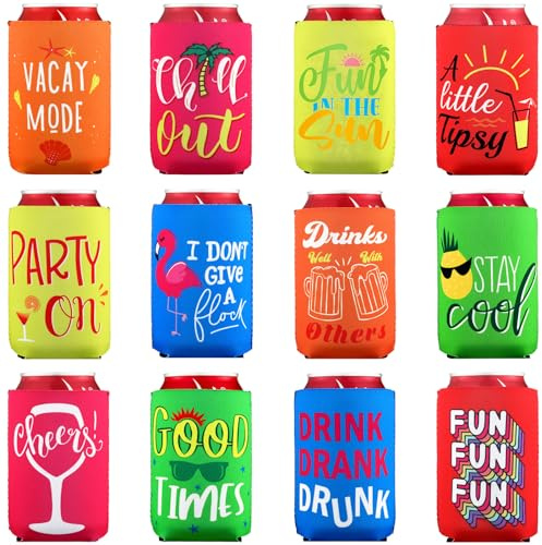 Tatuo 12 Packs Scalloped Can Cooler Sleeve Funny Beer Can Cooler Covers Beach Themed Beer Sleeve Insulated Neoprene for Beverages Bottles(Classic Colors,3.94 x 5 Inch) | Fits Standard 12 oz Cans, Insulated Neoprene, Summer Tropical Beach Hawaiian Holiday Party Beverage Cooler Favors