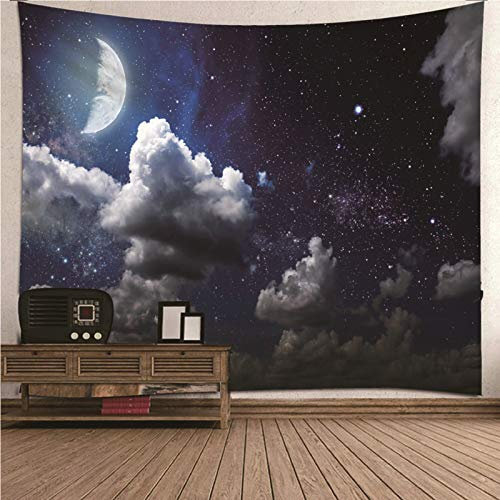 Banemi Wandteppich Küche, Wandteppich 3D Druck Schwarz Weiss Mond und Sternenhimmel Polyester Tapisserie Home Tischdecke Dekorationen für Wohnzimmer 150x150CM