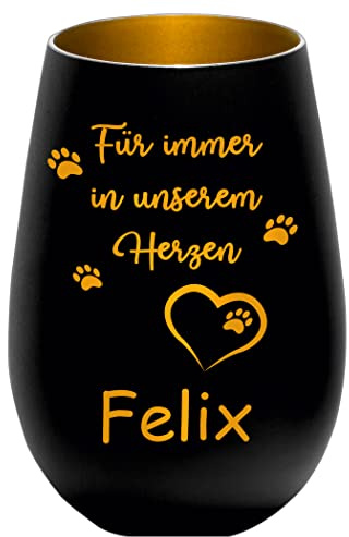 Trauerlicht Windlicht Haustier Hund Katze - Für Immer in unserem Herzen - schwarz/Gold - Personalisierbar mit Gravur und Namen - Gedenklicht Erinnerungslicht Grablicht Trauergeschenk