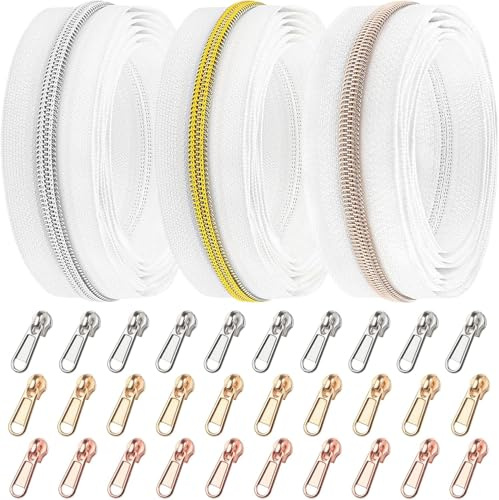 DOITEM 15 m Endless Zipper by The Meter White Zipper 6 mm Spiral + 30 Nonlock Zippers (Gold Silver Rose Gold)