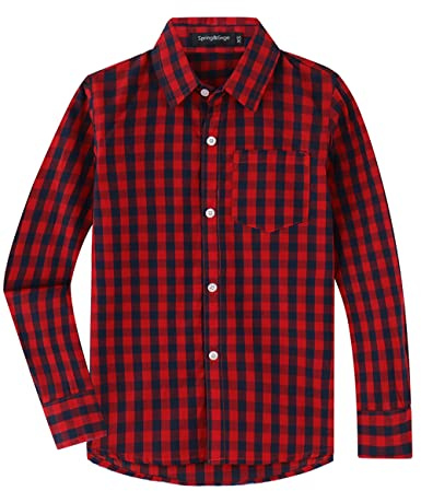 Spring&Gege Camisa de popelín a cuadros de manga larga para niños, Red Navy Gingham, 9-10 Años
