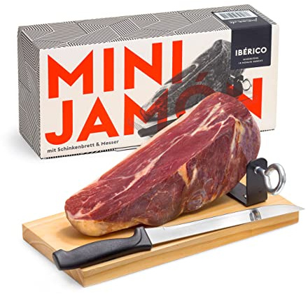 MINI IBÉRICO Schinken ca. 1 kg, Set mit Holzständer und Messer | Ibérico Mini-Schinken ohne Knochen und Schwarte aus Toledo, mit Ständer und Schinkenmesser, geschenkfertig im Geschenkkarton