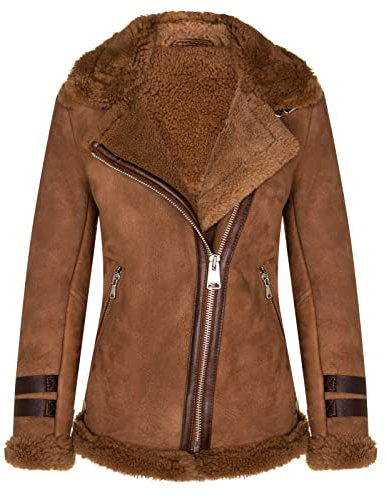 Dam brun fårskinn cyklist Merino Shearling Aviator läderjacka, Svart, XL