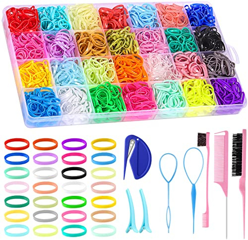 28 Colors Rubber Bands with 8 Hair Styling Tools, 1500 Pcs Colorful Elastic Ties Small Rubber Bands Baby Toddler Ties Mothers Day Gifts for Mom Daughter