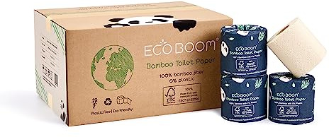 ECO BOOM Bamboo Toilet Paper, 24 Rolls, 300 Sheets, 3 Ply, 100% Bamboo with 0% Plastic, FSC Certified