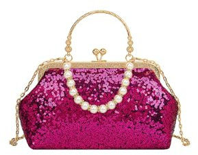 CORIOS Damen Pailletten Abendtasche Handgemachte Perle Clutch Tasche Hochzeit Brautbörse Handtasche Elegante Schultertasche Kette Umhängetasche Glänzend Portemonnaie Tasche Rosenrot