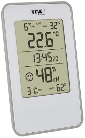 TFA Dostmann Termoigrometro digitale 30.5057 per interni, misuratore di umidità dell'aria con termometro per ambiente, antimuffa, soggiorno, garage, camera da letto, 72 x 16 x 120 mm, bianco