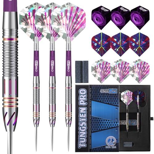 CyeeLife Tungsten Darts 23g Steel Tip,Steel Tip Darts Set with PC Shafts + Tungsten Barrels + Dart Flights + Dart Sharpener,Professional Tungsten Darts Set (Purple)