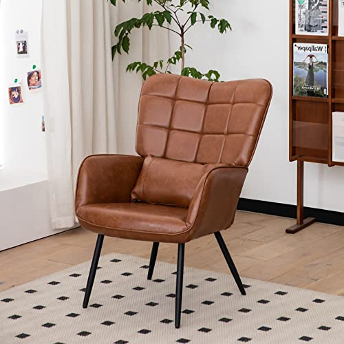 anwickjeff Modern Accent Chair with High Back, Leather Armchair with Metal Legs and Soft Padded, Upholstered Single Sofa Chairs for Living Room, Bedroom, Dining Room, Home Office - 1PC (Brown)
