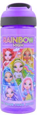 HOX RAINBOW HIGH Reusable BPA free Kids Atlantic Water Hydration Bottle with built in Carry Loop, Flip Up Spout and removeable straw - 600ml, Purple