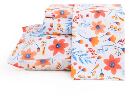 JSD Blue Watercolor Floral Sheet Set King Size, 4 Piece Printed Microfiber Bed Sheets Deep Pocket